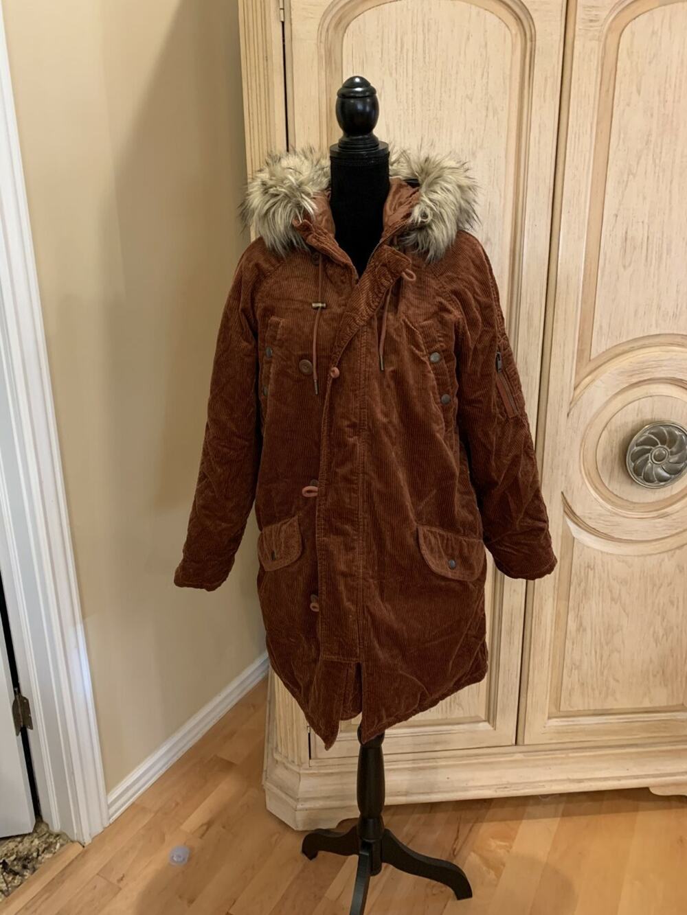 American Eagle Jacket Corduroy Parka Coat Faux Fur Lined Hoodie Brown M~NEW